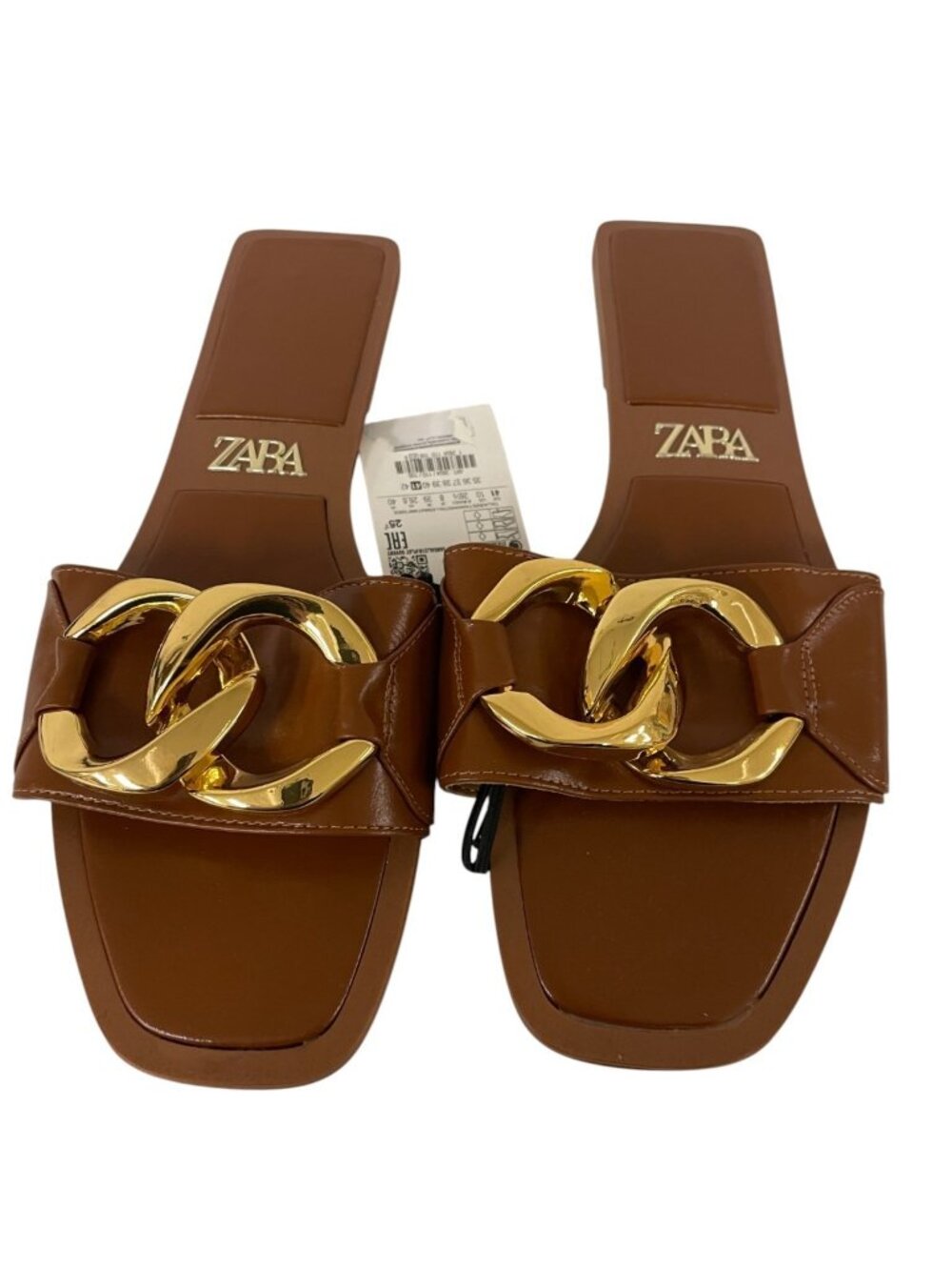 Zara Womens Flat Sandals EU 41 US 10 Brown Gold Chain Slip On 2604/110 NWOB